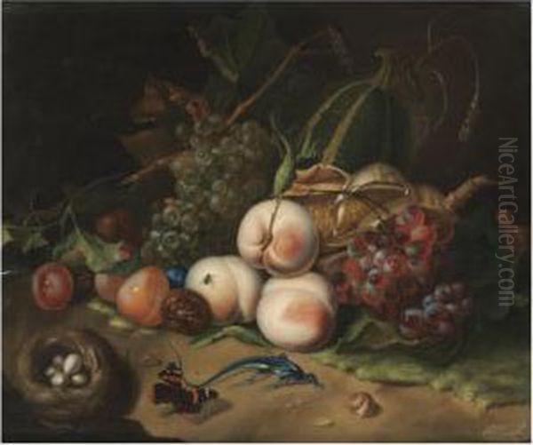 A Forest Floor Still Life With 
Horse Chestnuts, Peaches, Grapes, Abird's Nest And A Lizard Oil Painting by Rachel Ruysch