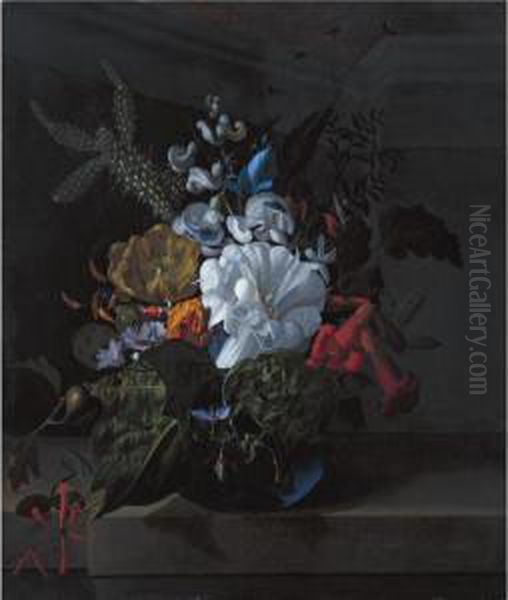 A Still Life With Devil's 
Trumpet, A Cactus, A Fig Branch, Honeysuckle And Other Flowers In A Blue
 Glass Vase Resting On A Ledge Oil Painting by Rachel Ruysch