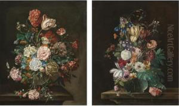 A Still Life With A Bouquet Of 
Flowers In A Glass Vase, Including A Parrot Tulip, Carnations And Red 
Berries; A Still Life With A Bouquet Of Flowers In A Glass Vase 
Including A Blue Iris, Pink Roses And A Sprig Of Blackberries Oil Painting by Rachel Ruysch