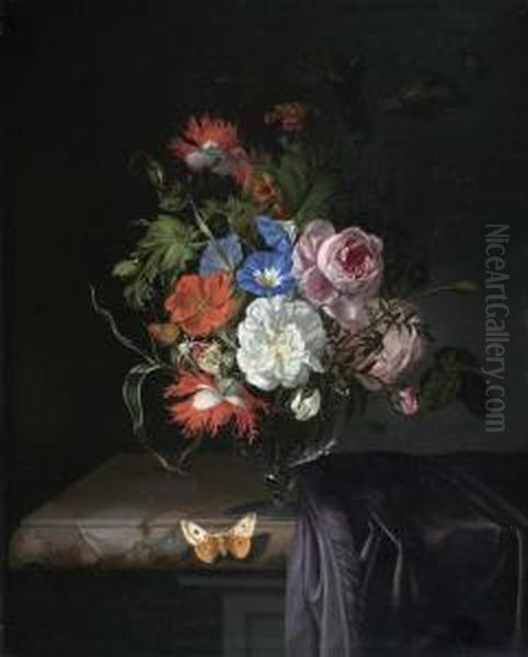 Rosen, Klatschmohn, Eine 
Goldblume Und Verschiedene Blatter Mit Schmetterlingen Und Einer Libelle
 In Einer Glasvase Auf Einer Gedeckten Marmorplatte. 1686. Oil Painting by Rachel Ruysch