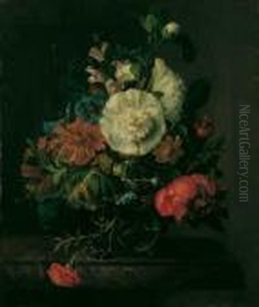 Blumenstilleben. Auf Einer 
Marmorierten Tischplatte Eine Glasvase Mit Einem Bunten 
Blumenarrangement. Oil Painting by Rachel Ruysch