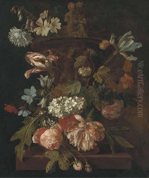 Roses, A Parrot Tulip, Morning 
Glory, Narcissi And Other Flowers,with A Snail, Around A Stone Urn On A 
Ledge Oil Painting by Rachel Ruysch