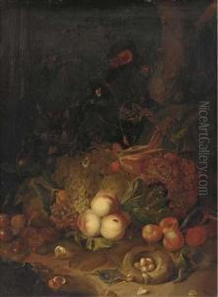 Apples, Pears, Grapes, Corn, 
Pomegranates, A Birds Nest With Eggswith Butterflies, A Lizard And Other
 Insects In A Woodedclearing Oil Painting by Rachel Ruysch