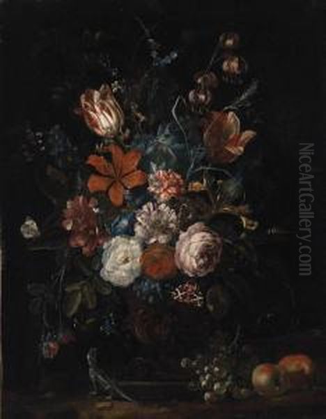 Roses, Tulips, Lillies, 
Carnations, Convolvulus And Other Flowersin An Ornamental Vase With 
Apples, Grapes, And A Lizard On Aledge Oil Painting by Rachel Ruysch