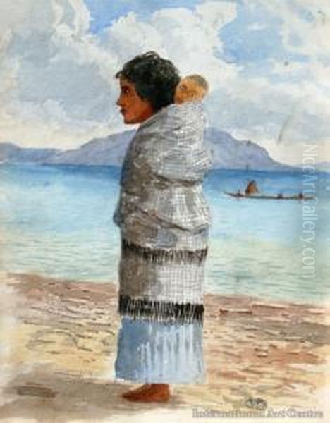 Maori Woman & Child, Lakeside Oil Painting by Thomas Ryan