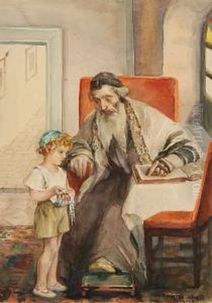 An Old Jew In Jerusalem And His Grandson Oil Painting by Anna Rychter-May