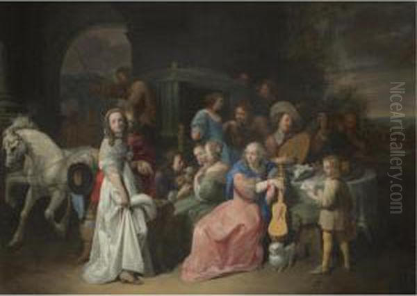 An Outdoor Scene With An Elegant
 Company Attending And Playing Music, A Carriage Arriving In The 
Background Oil Painting by David The Younger Ryckaert