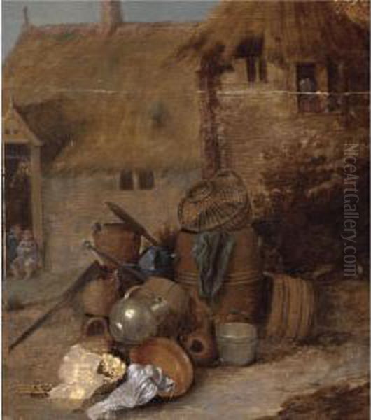 A Farm Yard With A Still Life 
With Barrels, A Copper Jug And Bucket, A Basket, A Watering-can And 
Earthenware Pots And Bowls, Peasants In A Farm Beyond Oil Painting by David The Younger Ryckaert