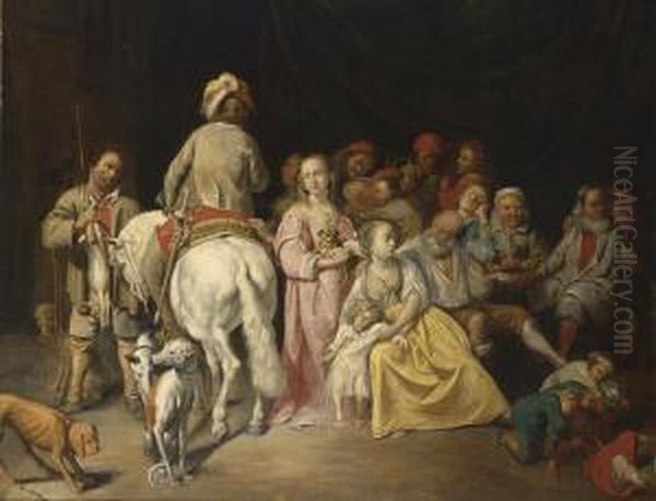 An Interior With Elegant Figures And Peasants Making 

 Merry And Drinking Together With Children Brawling And 

 A Horseman And A Sportsman With Their Dogs Oil Painting by David The Younger Ryckaert