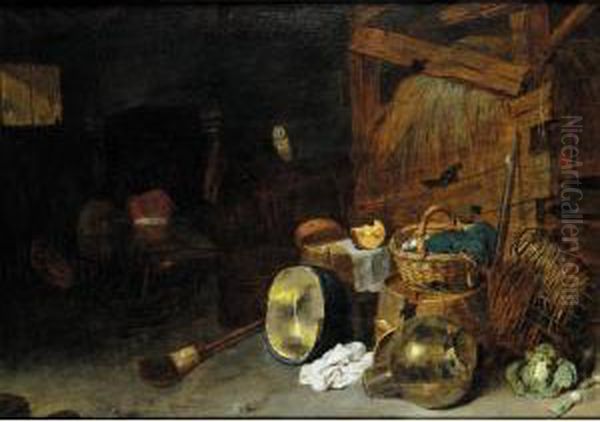A Barn Interior With A Still 
Life Of Kitchen Utensils And An Owl, Two Men Beside A Fire Beyond Oil Painting by David The Younger Ryckaert