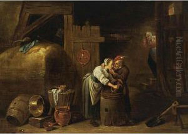 A Barn Interior With A Man 
Courting A Maid, And A Peasant Woman Peeking Around A Corner In The 
Background Oil Painting by David The Younger Ryckaert