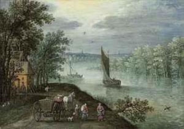 A Wooded, River Landscape With A
 Sailing Boat, Figures With A Horseand Cart On A Track In The Foreground Oil Painting by Marten Ryckaert