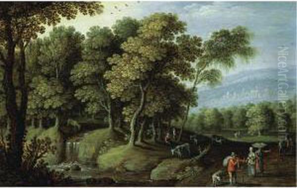 A Clearing In A Forest With 
Cattle Watering At A Pool And Peasants On A Road In The Foreground Oil Painting by Marten Ryckaert