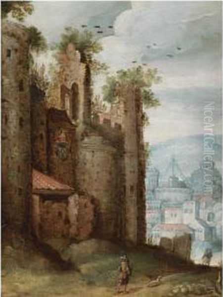 A Landscape With A Ruined Castle
 In The Foreground, Charged With The Papal Coat-of-arms, And A View Of A
 Town Beyond Oil Painting by Marten Ryckaert