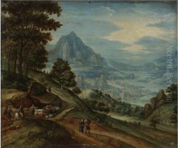 An Extensive Landscape With A 
Wood, Distant Mountains, A Town On A River Valley, Travellers, Herdsmen,
 And Ploughmen Oil Painting by Marten Ryckaert