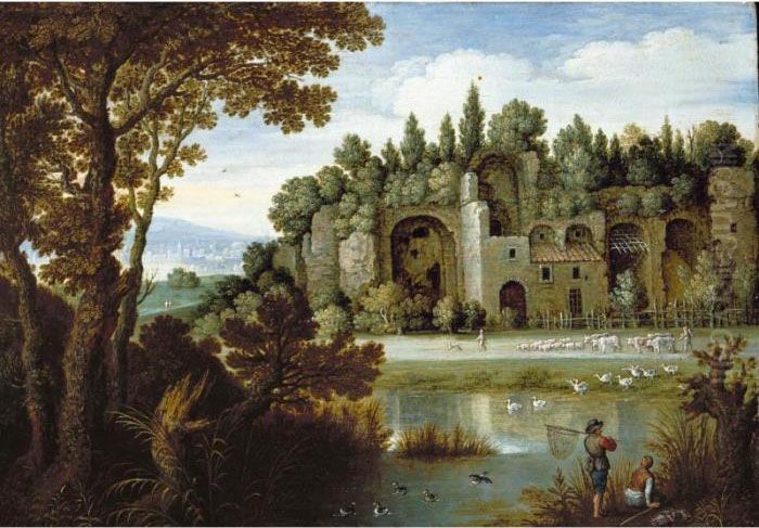 A Pastoral Landscape With 
Herdsmen Before Roman Ruins, Two Fishermen And Their Catch In The 
Foreground Oil Painting by Marten Ryckaert