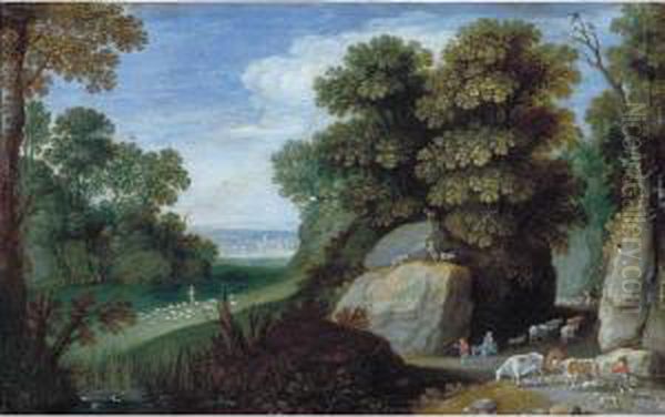 A Rocky Pastoral Landscape With 
The Flight Into Egypt, Shepherds Tending Their Flocks Beyond Oil Painting by Marten Ryckaert