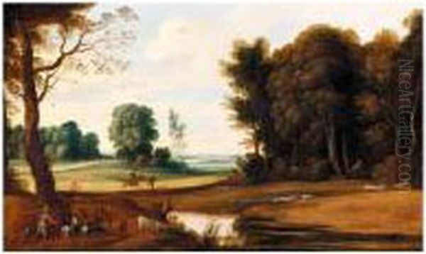 A Wooded Landscape With A 
Shepherd And His Goats On A Path And Hunters With Their Dogs Chasing A 
Hare Oil Painting by Marten Ryckaert