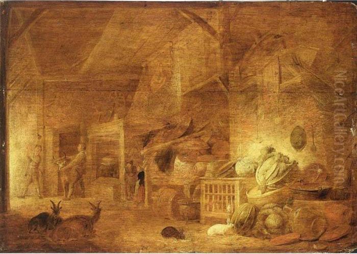 A Barn Still Life With Cabbages,
 Kitchen Utensils, Poultry In A Cage, Rabbits, Two Goats And Peasants In
 The Background Oil Painting by Frans, Francois Ryckhals
