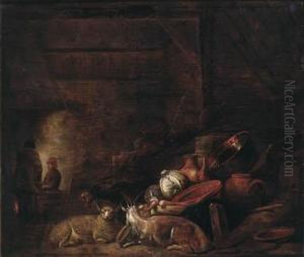 Cabbages, A Copper Bucket, An 
Earthenware Strainer And Otherutensils, With A Goat And A Sheep In A 
Barn, Peasants By A Firebeyond Oil Painting by Frans, Francois Ryckhals