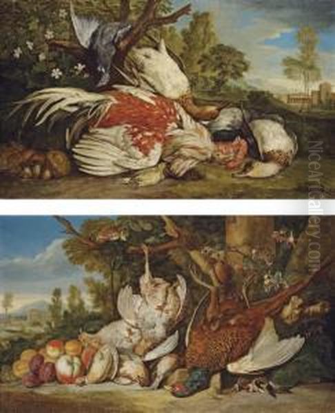 A Dead Cockerel, Ducks, A 
Pigeon, A Greenfinch And Mushrooms In An Italianate Landscape; And A 
Dead Pheasant, Partridges, Goldfinches, Quails And Apricots, Plums And 
Peaches In An Italianate Landscape Oil Painting by Pieter Andreas Rysbrack