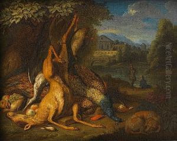 A Dead Deer, Peacock, Heron And 
Other Birds At The Foot Of A Tree, A Dog Asleep Nearby And Huntsmen 
Beyond Oil Painting by Pieter Andreas Rysbrack