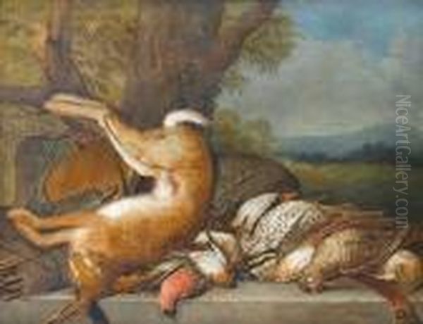 A Dead Hare With A Dead 
Woodcock, Bullfinch, Great Tit And Other Thrushes And Finches On A Stone
 Ledge With Hunting Paraphanalia, A Landscape Beyond Oil Painting by Pieter Andreas Rysbrack