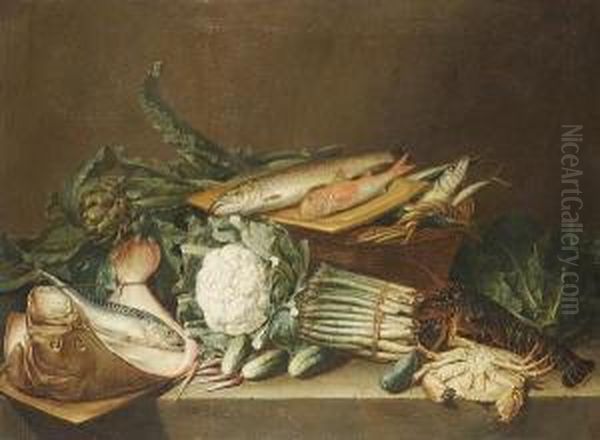 Asparagus, Artichokes, A 
Cauliflower And Other Vegetables On A Stone Ledge With A Dead Skate, 
Mackerel, Red Mullet And A Trout Oil Painting by Pieter Andreas Rysbrack