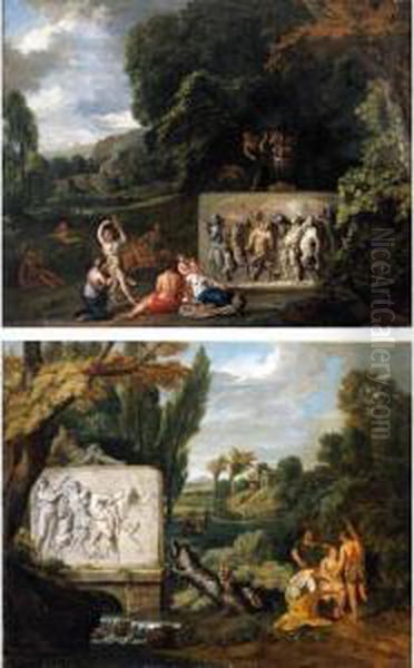 A Classical Scene With A 
Sarcophagus, Depicting Pan And The Drunken Silenus, On A Small Bridge 
Over A Stream Oil Painting by Pieter Rysbrack