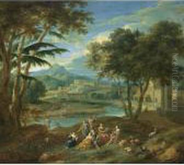 A Classical Landscape With 
Figures Making Music In The Foreground And Fishermen Near A Stream, A 
Village In The Background Oil Painting by Pieter Rysbrack