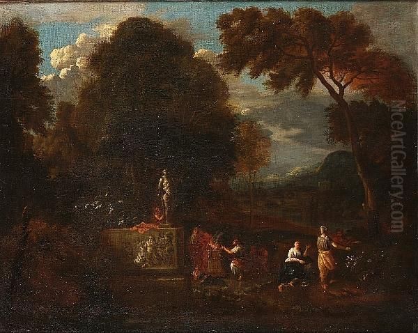 An Arcadian Landscape With 
Figures Making A Sacrifice Before An Altar; And Figures Borne Upon A 
Cloud Appearing Before Kneeling Figures In An Arcadian Landscape Oil Painting by Pieter Rysbrack