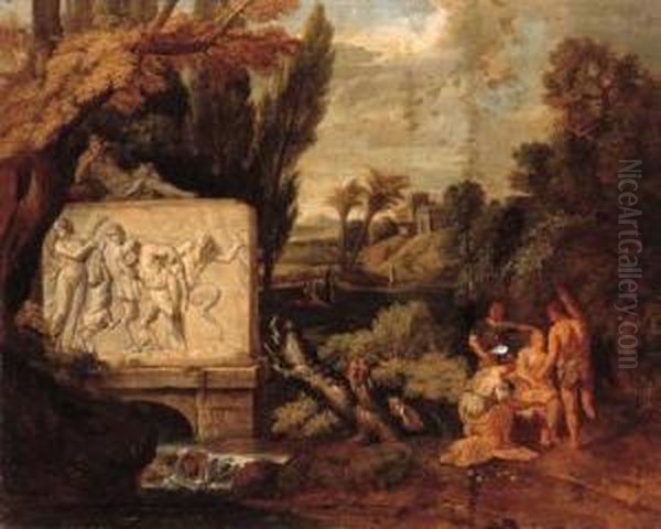 A Classical Landscape With 
Maidens Dancing By A Sarcophagusdepicting The Triumph Of Silenus; And A 
Classical Landscape Withfigures Resting By A Stream With A Sarcophagus 
Depicting Pan Andthe Drunken Silenus Oil Painting by Pieter Rysbrack