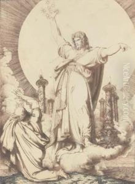 Et Conversus Vidi Septem 
Candelabra Aurea...: Christ With A Swordemerging From His Mouth Holding 
Seven Stars And Surrounded By Sevencandlesticks Representing The Seven 
Churches Of Asia, Saint Johnthe Evangelist Kneeling In The Foreground 
(revelati Oil Painting by Luigi Sabatelli