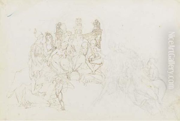 Jupiter Sur Un Trone Entoure 
D'artemis, Ceres, Ganymede Avec Ungroupe Des Figures Et Une Femme Ailee 
Ecrivant Au Premierplan Oil Painting by Luigi Sabatelli