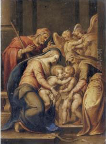 The Holy Family With Saints 
Elizabeth And The Infant Saint John The Baptist, Two Angels Behind Oil Painting by Lorenzo Sabatini