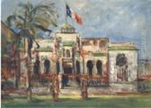 La Revue Des Troupes Devant L'ambassade De France En Egypte Oil Painting by Georges-Hanna Sabbagh
