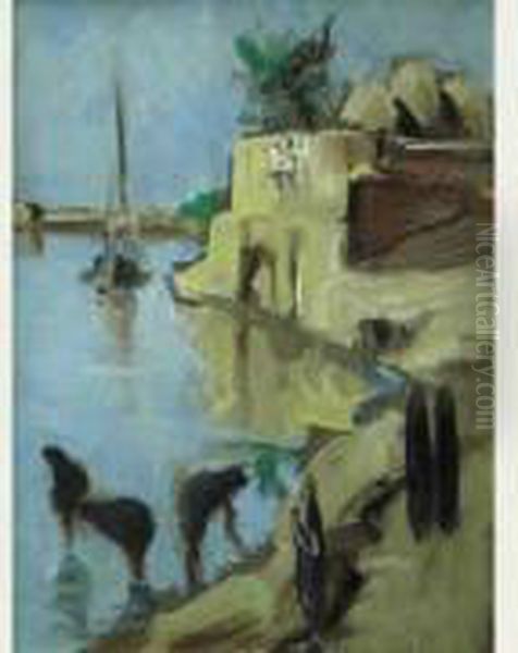 Femmes Au Bord Du Nil. Oil Painting by Georges-Hanna Sabbagh