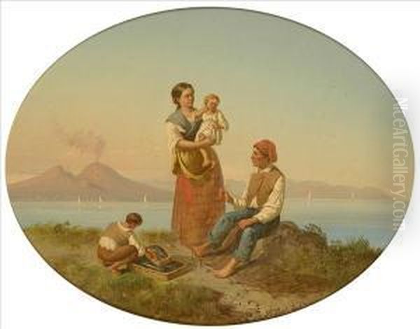 The Fisherman'sfamily; Weaving 
The Pots, Sunlit Neapolitan Coastal Scenes, Theformer With Fishing Boats
 And Vesuvius Beyond Oil Painting by Philippe Lodowyck Jacob Sadee