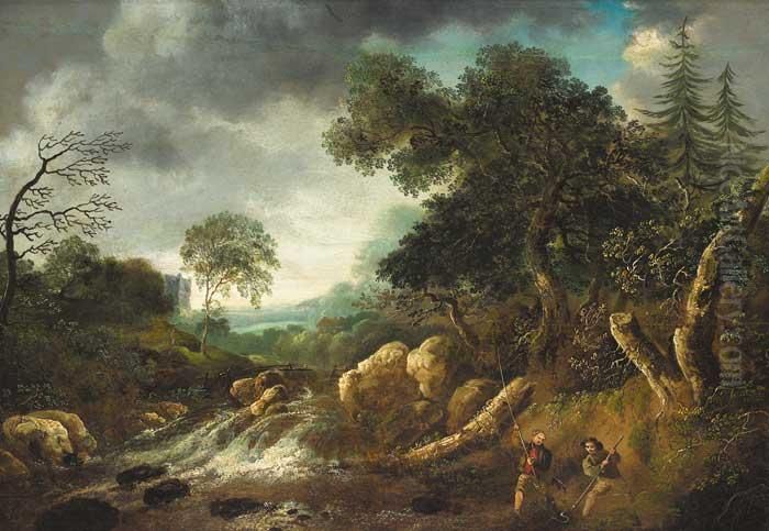 Landscape And River Scene With Eel Fishers Oil Painting by William II Sadler