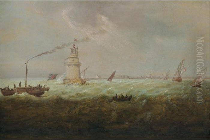A Steamboat And Naval Squadron Sailing Past Poolbeg Lighthouse, Dublin Bay Oil Painting by William II Sadler