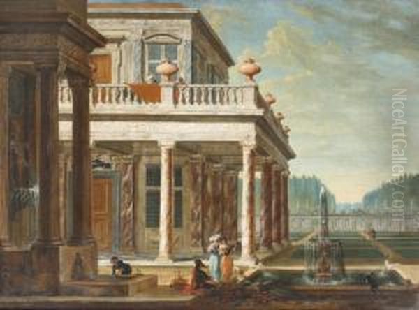 A 'capriccio' View Of A 
Classical Palace With Figures Making Music Near A Fountain In An 
Extensive Garden Oil Painting by Jacobus Saeys