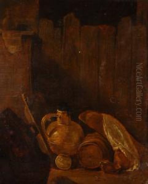 Still Life Study Barrels And Flagons By An Old Wooden Fence Oil Painting by Cornelis Saftleven