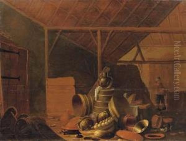 A Barn Interior With Vegetables,
 And Kitchen Utensils, A Peasant Carrying A Basket Beyond Oil Painting by Cornelis Saftleven