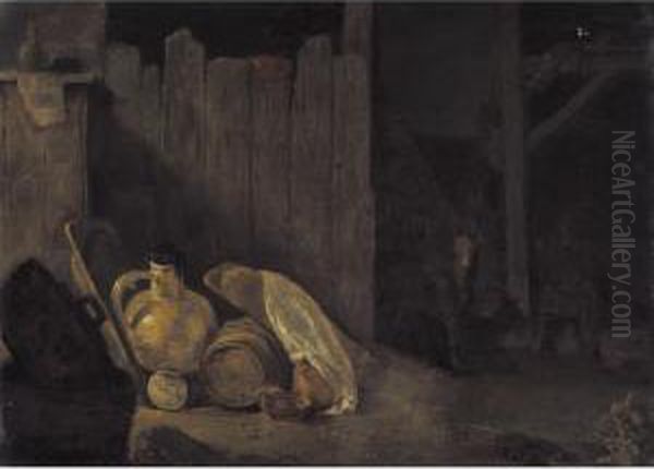 A Barn Interior With A Still 
Life Of A Milk Jug, Barrel And An Assortment Of Pots, With Three Goats 
In The Background Oil Painting by Cornelis Saftleven