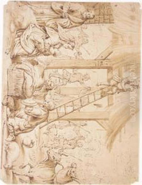 Nativity With A Shepherd Bearing Gifts And Peasants Dancing To Bag-pipes Oil Painting by Cornelis Saftleven