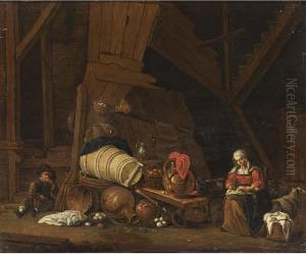 A Barn Interior With A Maid 
Sowing, A Boy Eating An Apple And A Still Life Of Pots And Pans And 
Fruits Oil Painting by Cornelis Saftleven