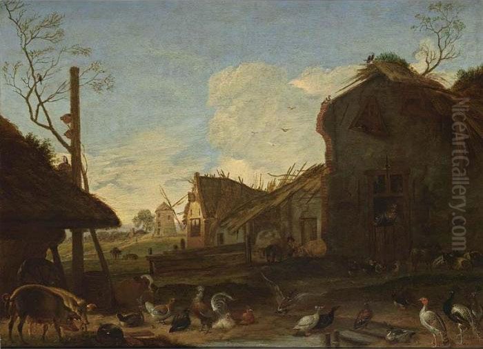 A Farmstead With Pigs, Chicken, 
Peacocks, And Doves, A Peasant Feeding Pigs, And A Peasant Woman 
Standing In A Doorway Oil Painting by Cornelis Saftleven