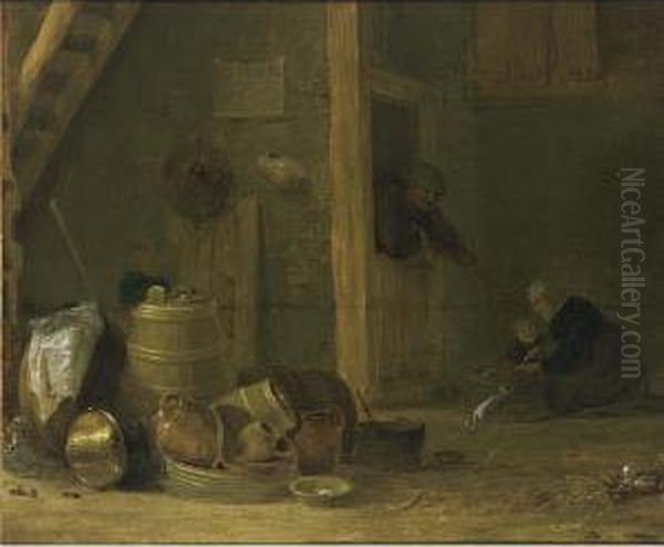 A Barn Interior With A Still 
Life With Kitchen Utensils In The Foreground, Together With A Woman And A
 Child Preparing Food In The Background, And A Man Leaning In A Doorway Oil Painting by Cornelis Saftleven