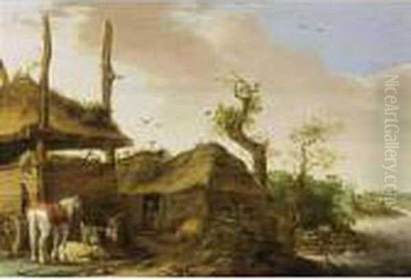 A Farmstead Near A Stream, With A
 Horse, A Goat, A Sheep And Pigs Near A Haystack, With A Peasant Looking
 Out Through His Doorway Oil Painting by Cornelis Saftleven