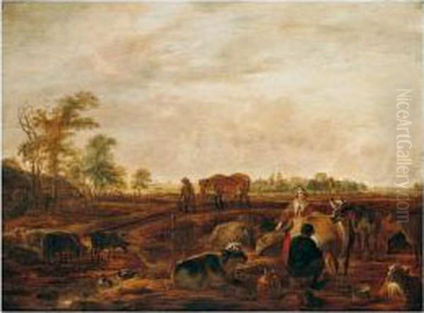 A Landscape With A Milkmaid And 
Man Milking A Cow Near Farm Buildings, A Man Leading A Horse On A Track 
Nearby, A Church And Windmill In The Distance Oil Painting by Cornelis Saftleven
